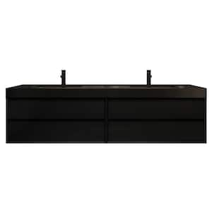 MIA 84 in. W x 20 in. D x 24 in. H Double Sink Floating Bath Vanity in Gloss Black with Black Stainless Steel Top