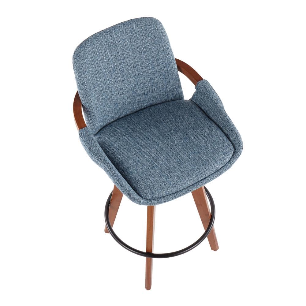 Walnut and Blue Mid-Century Modern Swivel Counter Stool