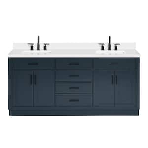 Hepburn 73 in. W x 22 in. D x 36 in. H Bath Vanity in Midnight Blue with Pure Quartz Vanity Top with White Basins