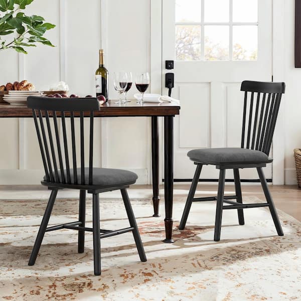 LUE BONA Winnie 18 in. Dark Gray Cushion Black Frame Classic Windsor Back Solid Wood Dining Chair (Set of 2)
