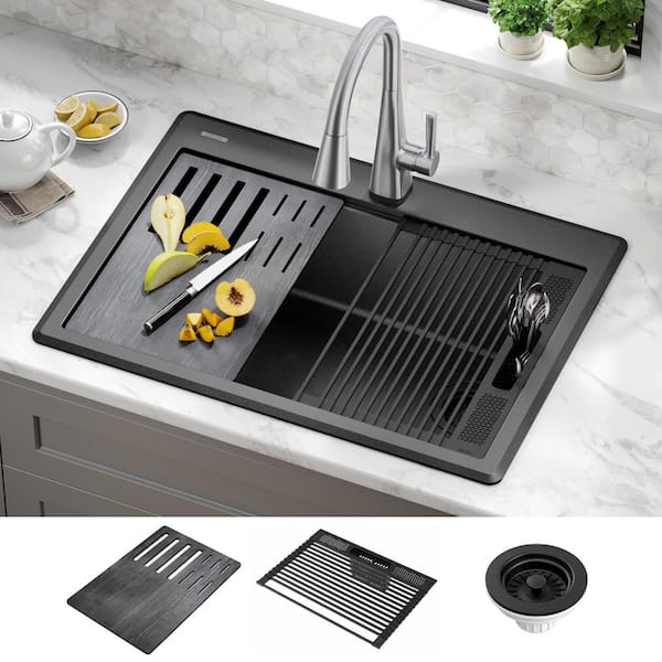 Everest Black Granite Composite 30 in. Single Bowl Drop-In Workstation Kitchen Sink with Accessories