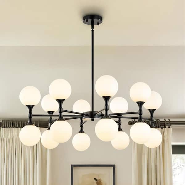 RRTYO Ameal 16-Light Glam Black Linear Sputnik Pendant Up and Down Chandelier for Kitchen Island with Frosted Glass Shade