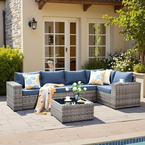 Zoila Gray 6-Piece Wicker 7.68 in. Wide Arm Outdoor Patio Sectional Set with Denim Blue Cushions