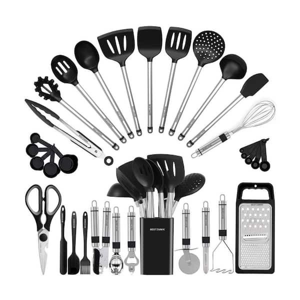 33-Piece Kitchen Utensil Set with Silicone Heads and Stainless Steel Handles for Nonstick Cookware