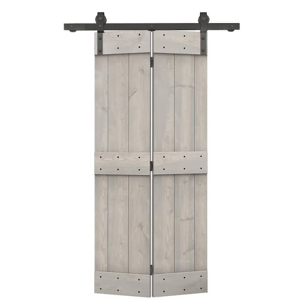 CALHOME 24 in. W. x 84 in. Mid-Bar Series Solid Core Silver Gray-Stained DIY Wood Bi-Fold Barn Door with Sliding Hardware Kit