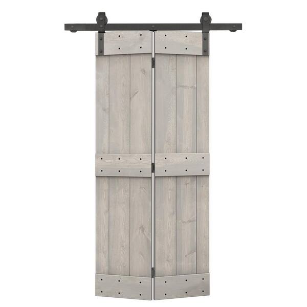 CALHOME 24 in. W. x 84 in. Mid-Bar Series Solid Core Silver Gray-Stained DIY Wood Bi-Fold Barn Door with Sliding Hardware Kit