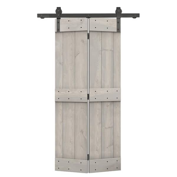 CALHOME 28 in. x 84 in. Mid-Bar Series Silver Gray-Stained DIY Wood Bi-Fold Barn Door with Sliding Hardware Kit