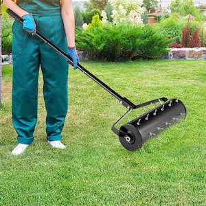 21 in. Manual Lawn 36-Tine Spike Aerator Grass Aeration Tool Filled with Sand or Stone in Black