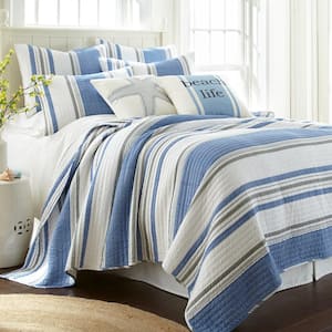 St Bart 2-Piece Blue, Grey and White Cotton Twin/Twin XL Quilt Set