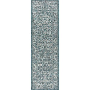 Tela Bohemian Textured Weave Floral Teal/Gray 2 ft. x 10 ft. Indoor/Outdoor Runner Rug