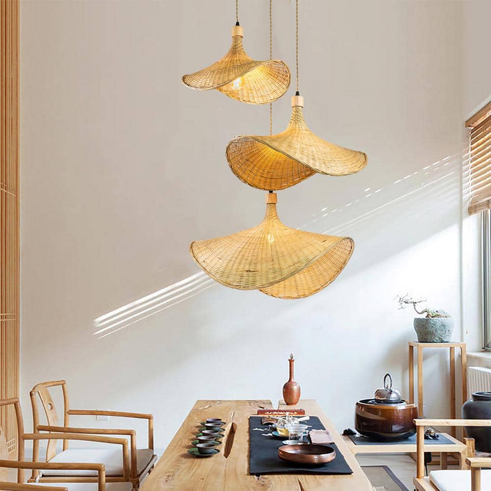 Island-Vibe Triple Hat-Shaped Rattan Pendant Light - Tan