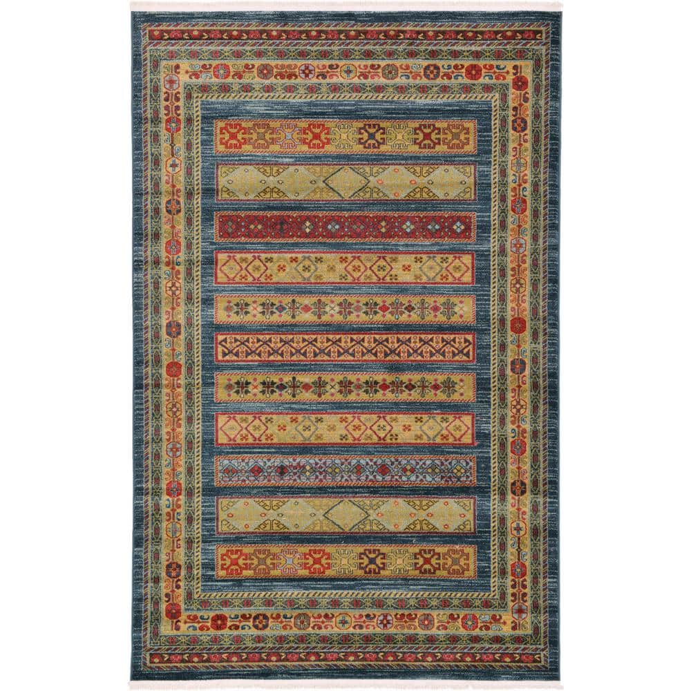 Blue Geometric Easy Care Stain-Resistant Synthetic Rug 5'1" x 8'