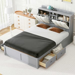 Gray Classic Wood Frame Full Size Platform Bed with Storage Linen Upholstered Headboard and 4- Drawers