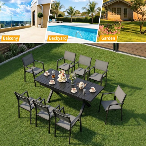 expandable patio table with umbrella hole NIHIRERE Black Aluminum Rectangular 63''-83'' Expandable Patio Outdoor Dining Table with Umbrella Hole for 8