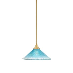 Sparta 100-Watt 1-Light New Age Brass Stem Pendant Light with Teal Crystal Glass Shade and Light Bulb Not Included