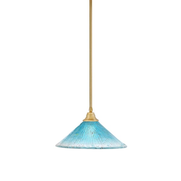 Unbranded Sparta 100-Watt 1-Light New Age Brass Stem Pendant Light with Teal Crystal Glass Shade and Light Bulb Not Included