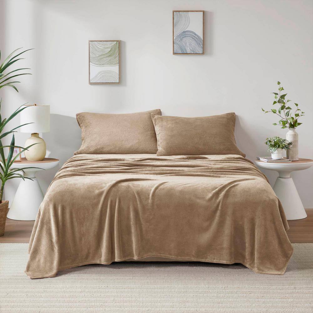 Taupe King Size Plush Polyester Sheet Set with Pillowcases