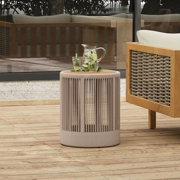 Outdoor Rattan Rope and Acacia Wood Side Table in Rope Beige