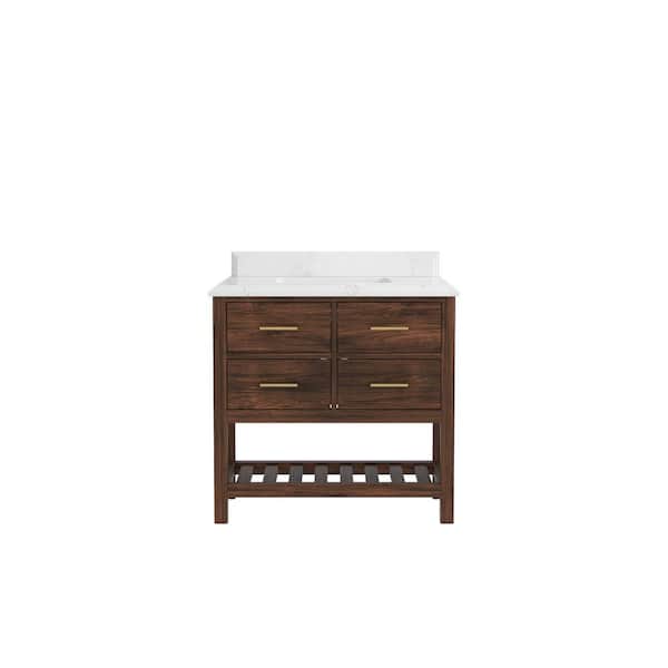 Willow Collections Parket Teak 36 in. W x 22 in. D x 36 in. H Single Sink Bath Vanity in Dark Walnut with 1.5 in. Empira White Quartz Top