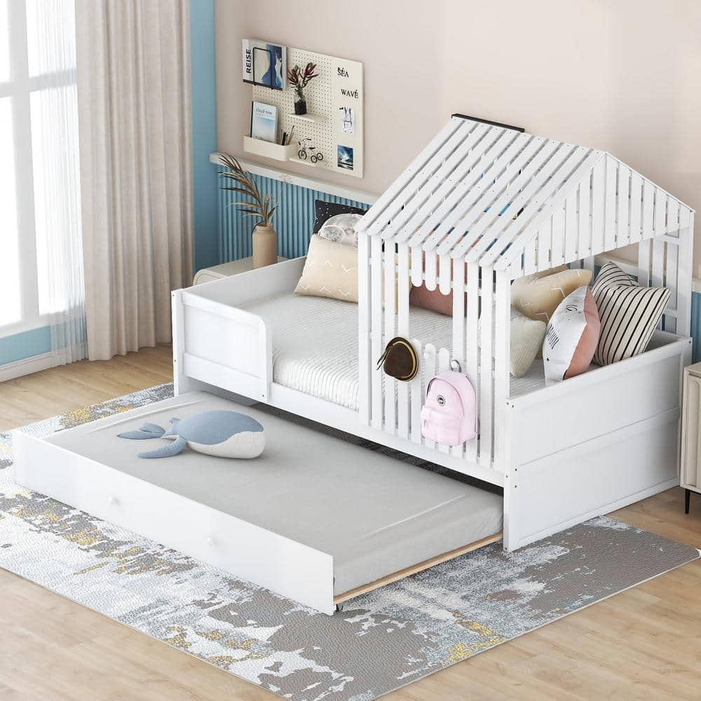 URTR White Twin Size House Low Loft Bed with Trundle, Wooden Platform ...