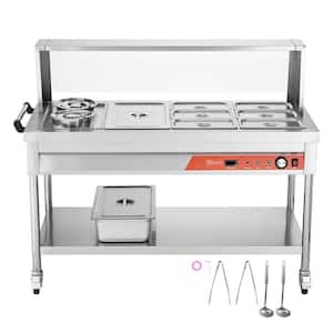 Commercial Food Warmer-Electric Steam Table with 7-Pans and 2-Pots. 1,800 Watt Power, Shield, Undershelf and Wheels