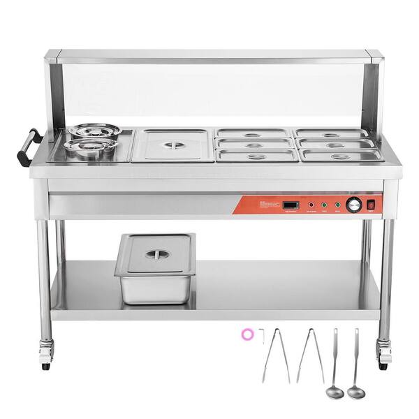 Commercial Food Warmer-Electric Steam Table with 7-Pans and 2-Pots. 1,800 Watt Power, Shield, Undershelf and Wheels