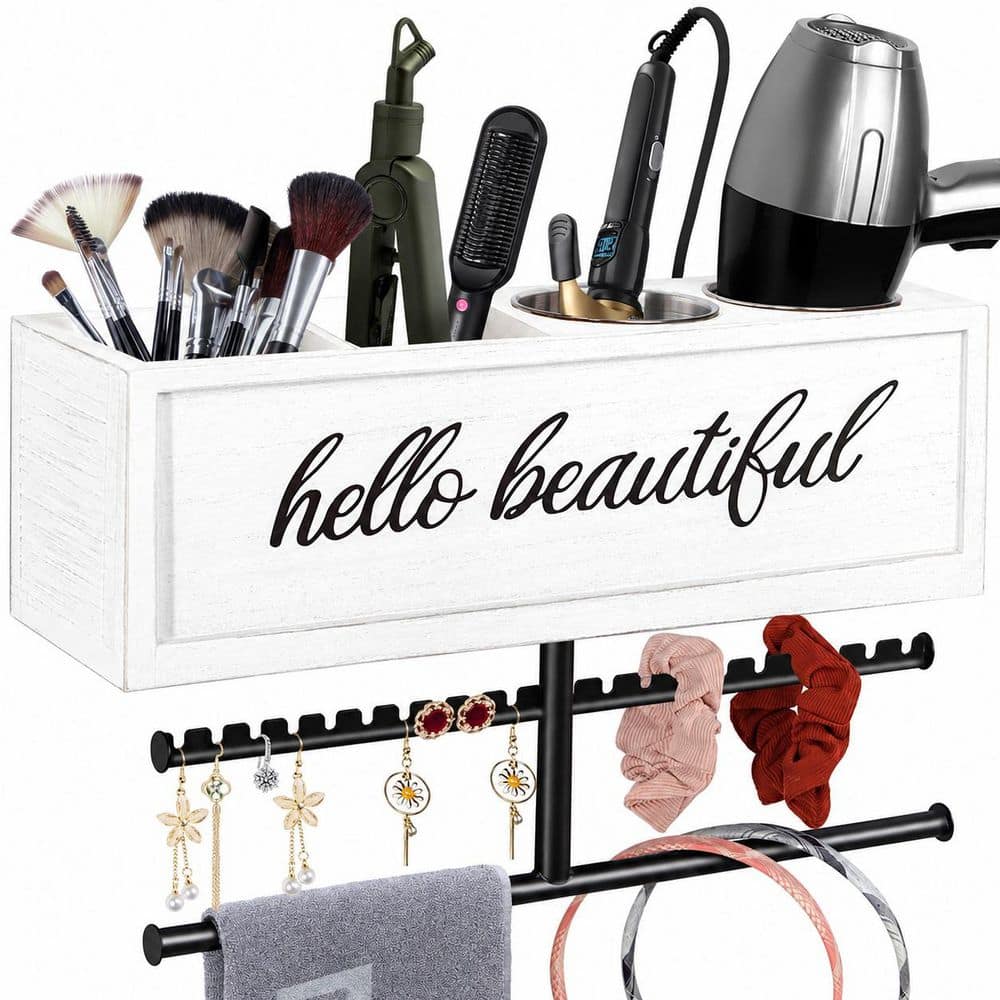 15.3 in Wall Mounted Hair Tool Organizer White Rustiс Hair Dryer Holder Caddy for Bathroom Storage