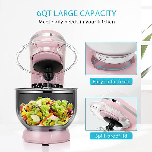 VIVOHOME 650-Watt 6 Qt. 6-Speed Pink Tilt-Head Kitchen Stand Mixer