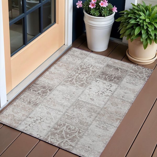 Taupe 2 ft. x 3 ft. Woven Plaid Polyester Rectangle Indoor / Outdoor Area Rug