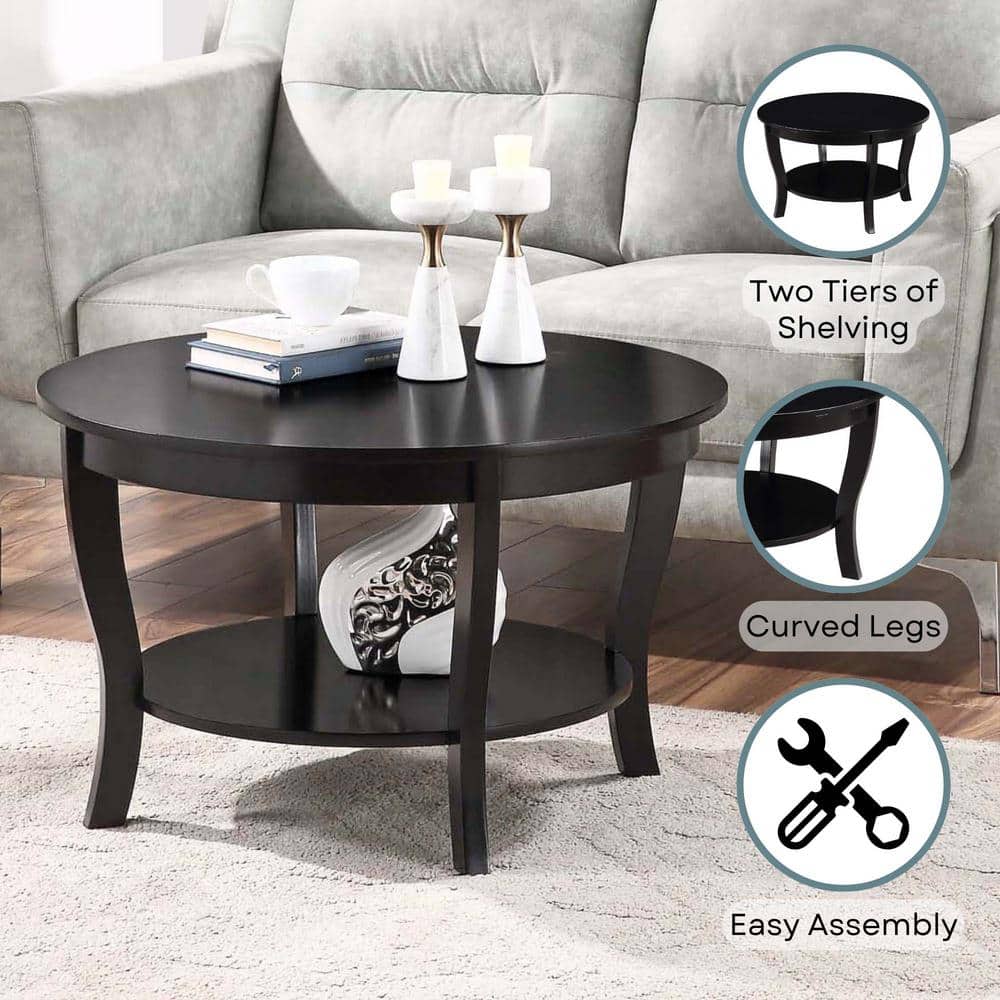 Heritage Classic Black Round Wood Coffee Table with Shelf