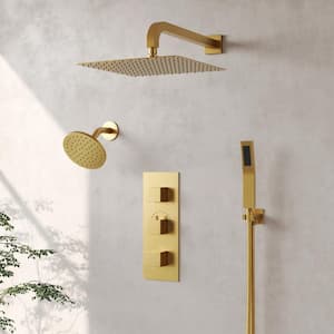 5-Spray Square 12 in. Rain Wall Mount Shower System with 6 in. Shower Head Handheld shower in Brushed Gold 2.5 GPM