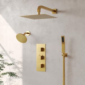 5-Spray Patterns 12, 6 in. Dual Shower Head Wall Mount Fixed Shower Head with Handheld In Brushed Gold