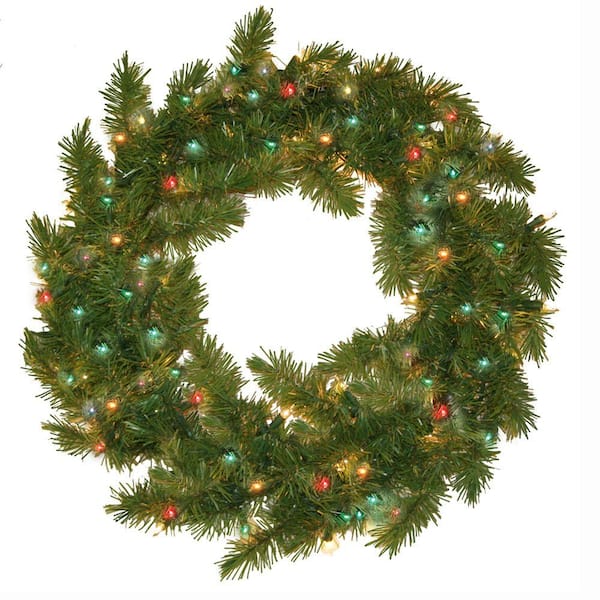 General Foam 24 in. Pre-Lit Carolina Fir Artificial Wreath with Multi Colored Lights