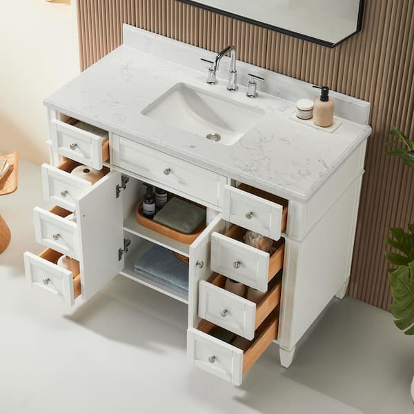 48 in. W Single Sink White Freestanding Solid Wood Bath Vanity with White Marble Top, Assembled