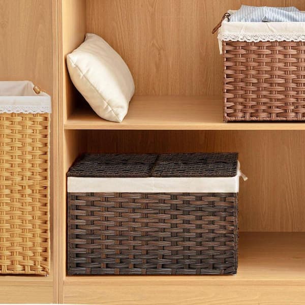 Brown 30 in. x 18 in. Polyethylene Decorative Basket with Lid and
