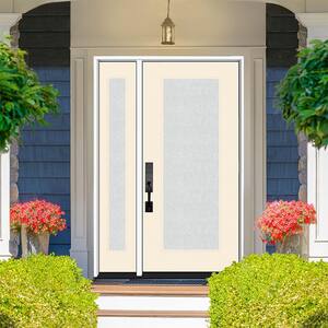 Legacy 53 in. x 80 in. Full Lite Rain Glass LHOS Primed Linen Finish Fiberglass Prehung Front Door with 14 in. SL