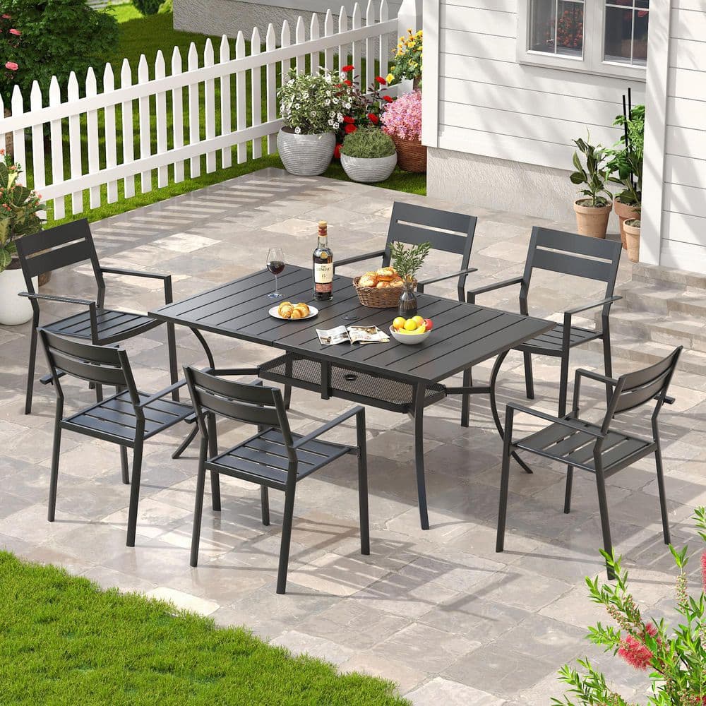 7-Piece Metal Outdoor Dining Set with 59.2 in. Black Rectangle Table and 6-Black All-Weather Stackable Dining Chairs price history on PriceWatchPro