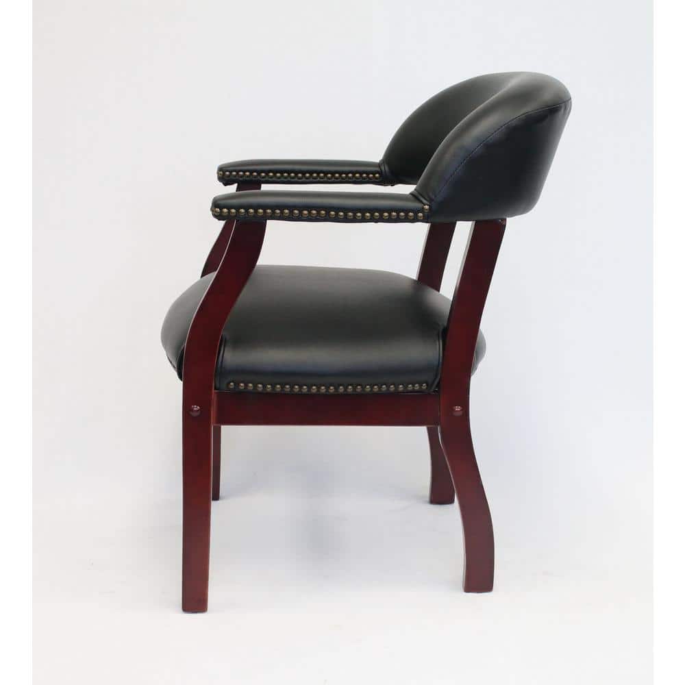 Elegant Mahogany Wood & Black Faux Leather Upholstered Arm Chair