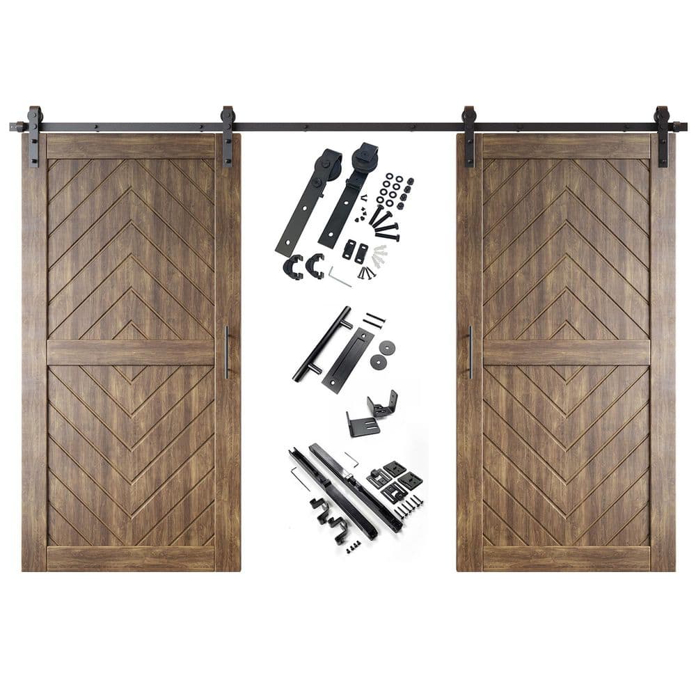 JT2 40 in. x 80 in. C-Panel Dark Walnut Fishbone Design Double Pine Wood Sliding Barn Door with Hardware Kit price history on PriceWatchPro