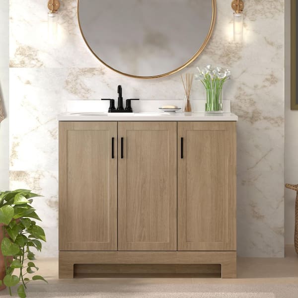 Glacier Bay Oakley 37 in. Single Sink Beige Oak Freestanding Bath Vanity with White Cultured Marble Top (Assembled) HDW079136P2-BK