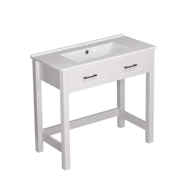 36 in. Freestanding White Bath Vanity with White Ceramic Top Unassembled, Good for Wheelchair Users