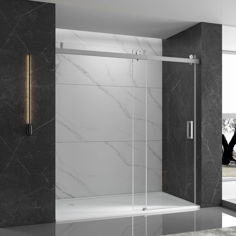 72 in. W x 76 in. H Single Sliding Frameless Shower Door in Stainless Steel