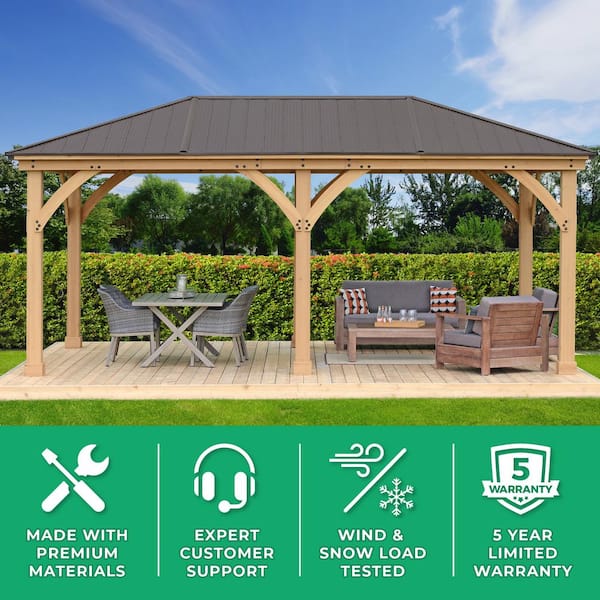 Meridian 12 ft. x 20 ft. Premium Cedar Outdoor Patio Shade Gazebo with a 12 ft. Bar Counter and Brown Aluminum Roof