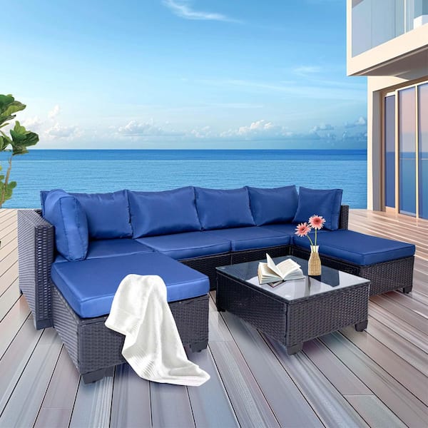 Zeus & Ruta 7 Piece Black Wicker Outdoor Sectional Set with Blue Cushion and 1 Side Table for Patio, Balcony, Backyard