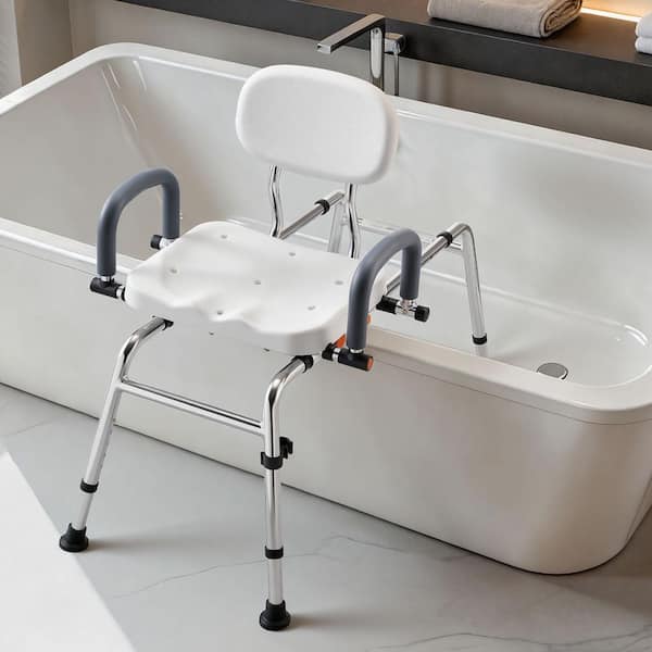 21.1 in. W Freestanding Tub Transfer Bench with Swivel Seat & Arms in White, Height Adjustable, Supports up to 400 lbs.