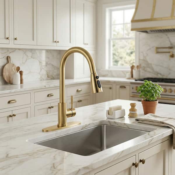15.3 in. Deck-Mount Single-Handle 360° Pull-Down Sprayer Kitchen Faucet in Gold