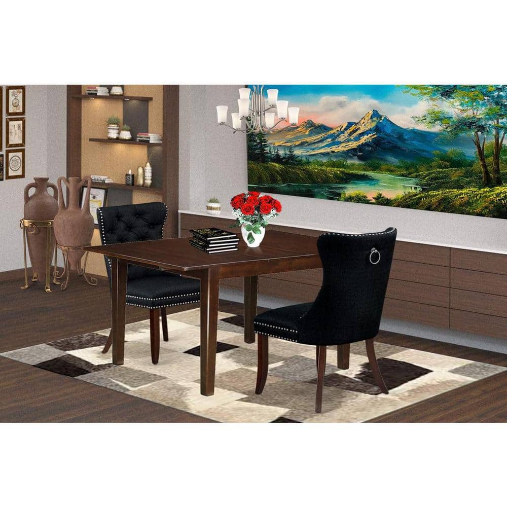 Mahogany 3-Piece Dining Set with Black Upholstered Chairs