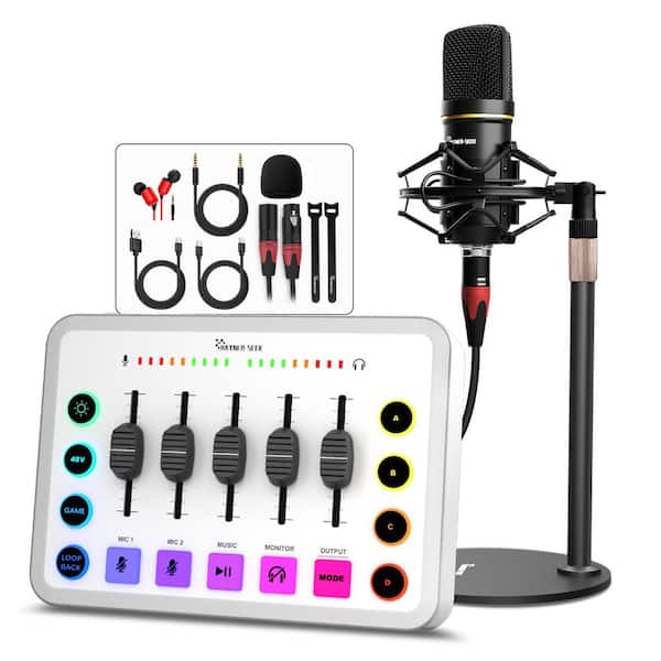 Strong Compatibility Bluetooth RGB Podcast Audio Interface Mixer in Black with XLR Condenser Mic