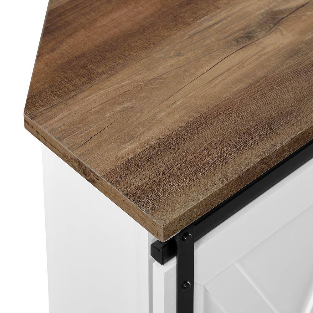 White and Brown MDF Corner TV Stand with Sliding Barn Doors