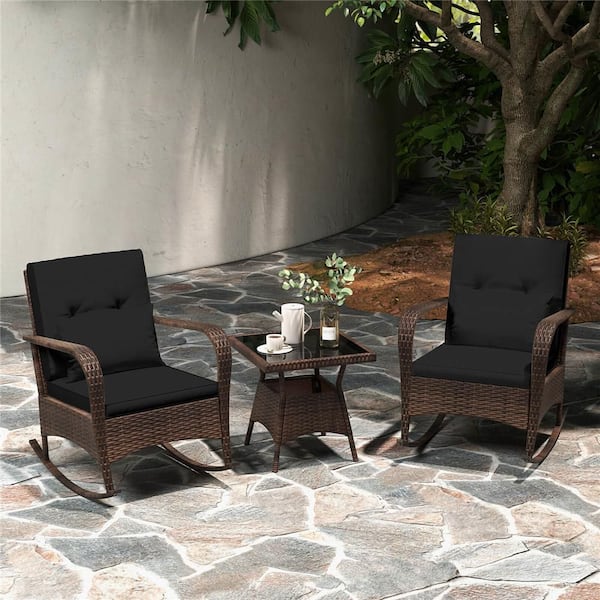 Brown 3-Piece Metal Rectangle 20 in. Outdoor Bistro Set with Cushions Black